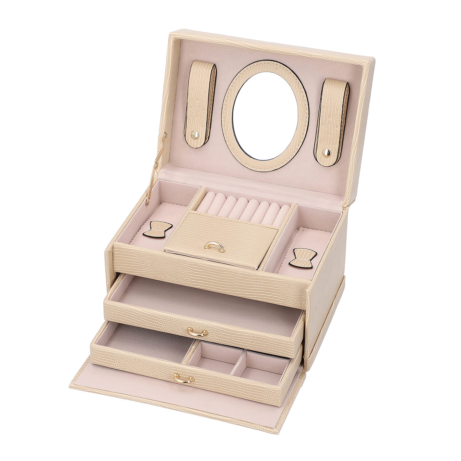 3 Layer Lizard Skin Pattern Jewellery Box with Inside Mirror and Button Lock - Black 6071891 4
