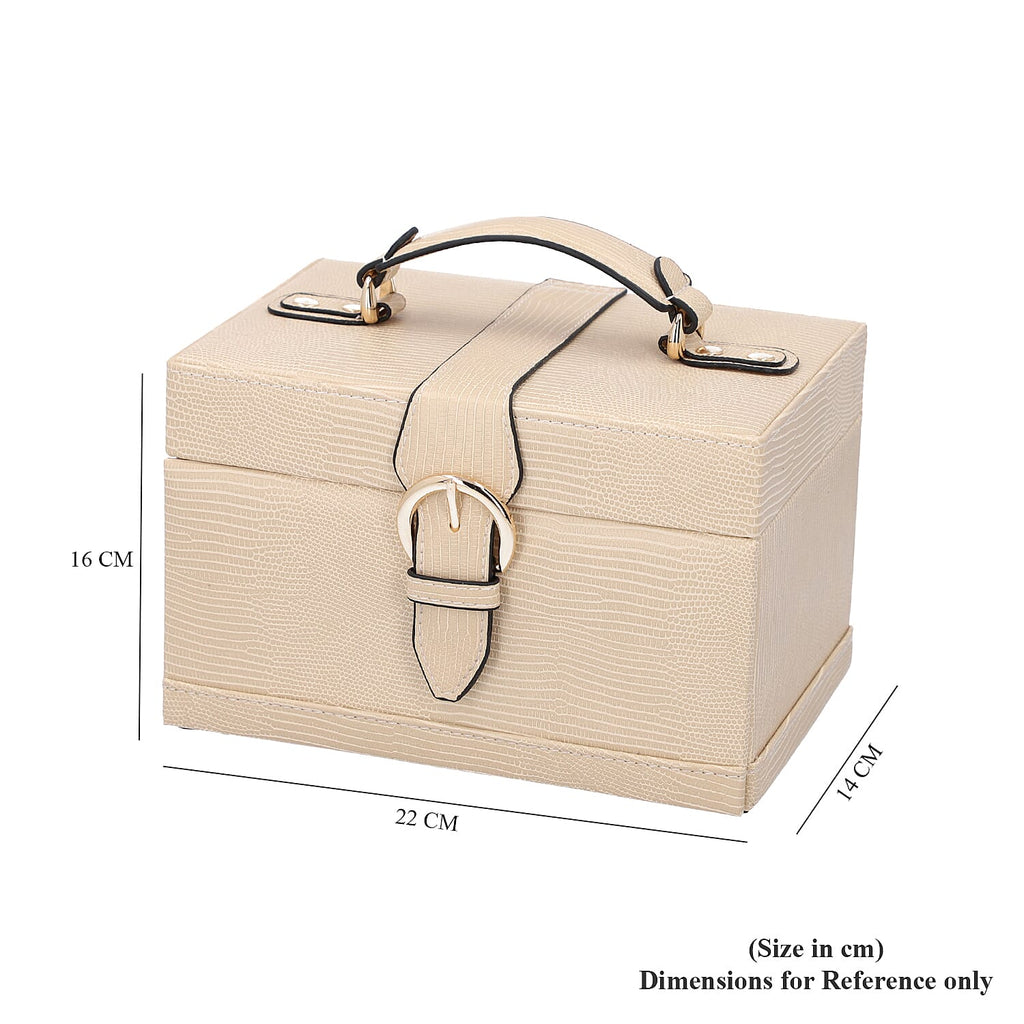 3 Layer Lizard Skin Pattern Jewellery Box with Inside Mirror and Button Lock (Size 22x16x14cm) - Cream