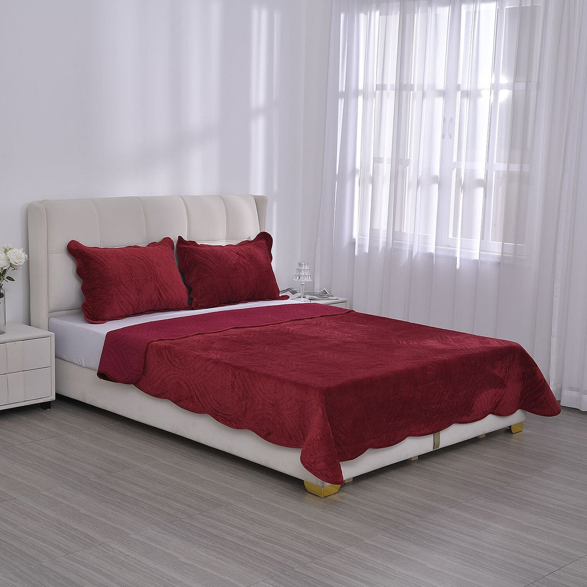 3 Pcs Set Summer Quilt and 2 Pillowcases - Burgundy 7163649 0