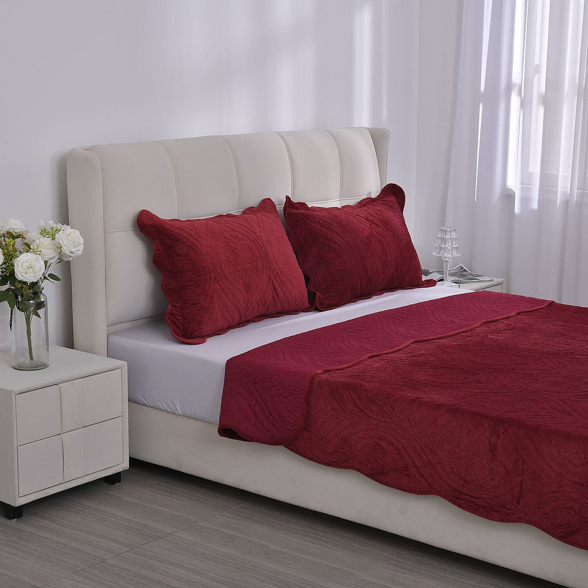 3 Pcs Set Summer Quilt and 2 Pillowcases - Burgundy 7163649 2