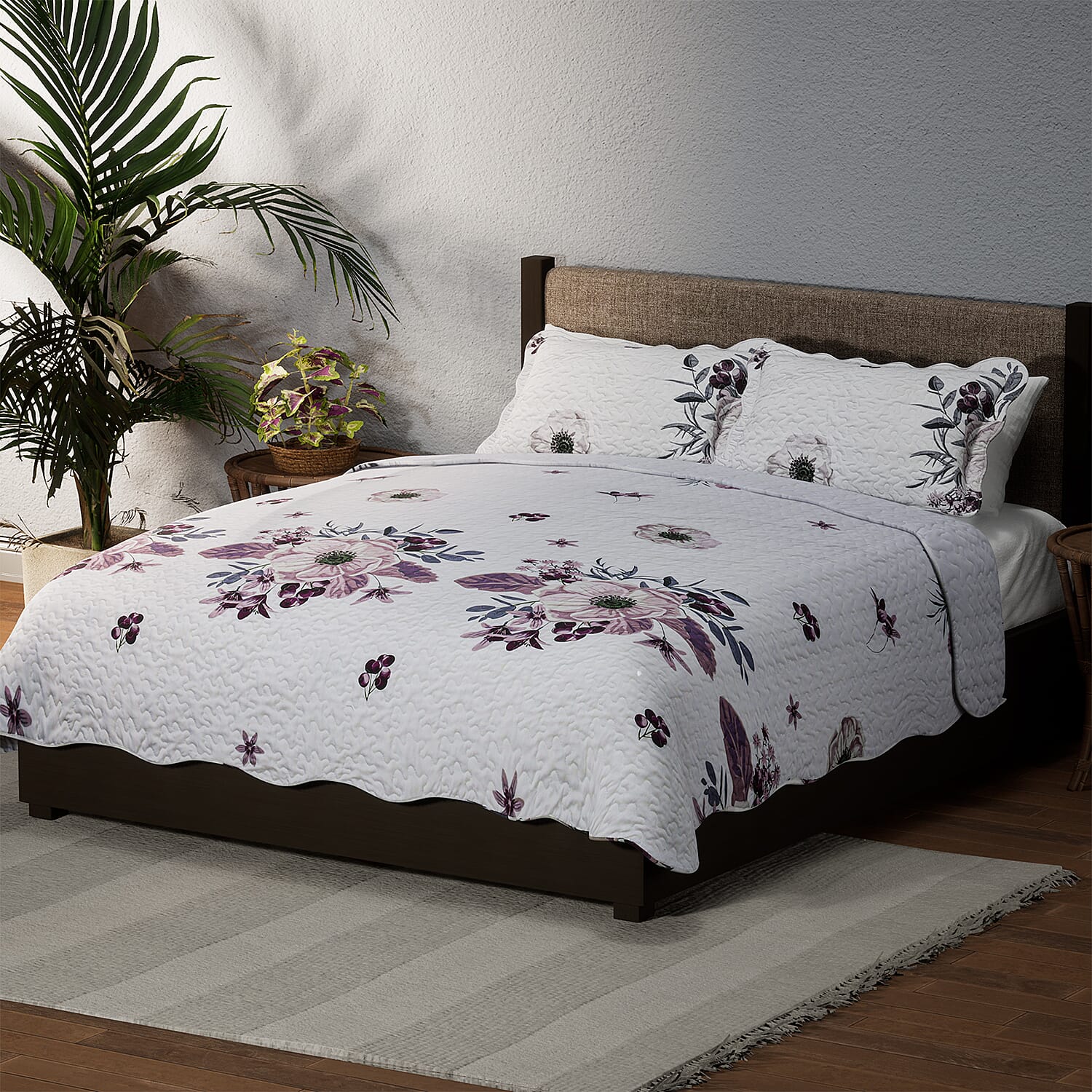 3 Piece Set Blooming Floral Pattern Quilt with 2 Pillowcases (Double Size) â€“ Pink and Multi 7201430 0
