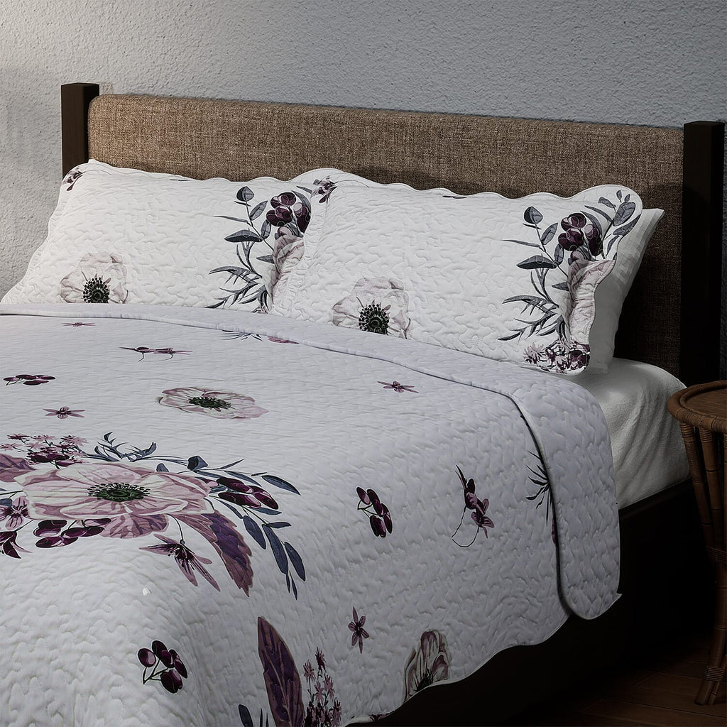Flowers in Bloom- Summer Quilt with 2 Pillowcases (Double Size) - White and Purple
