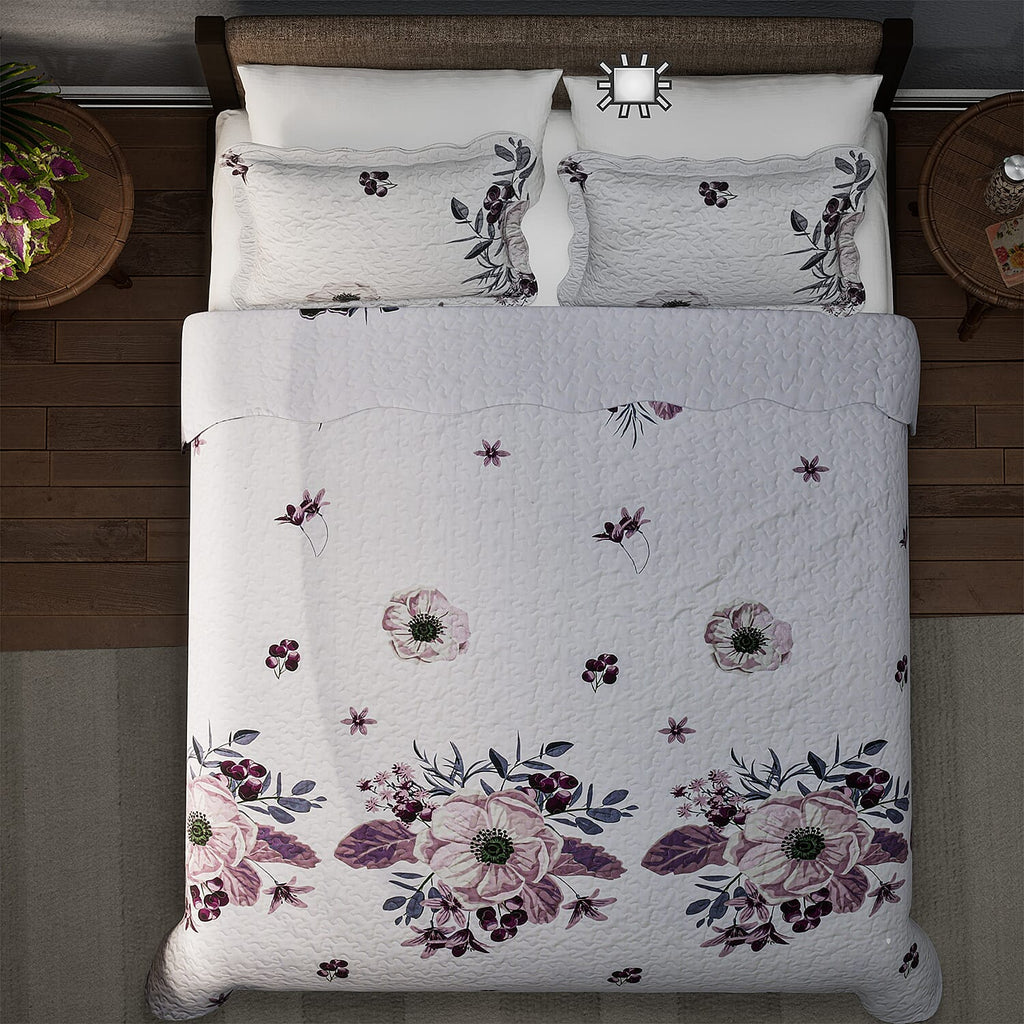 Flowers in Bloom- Summer Quilt with 2 Pillowcases (Double Size) - White and Purple