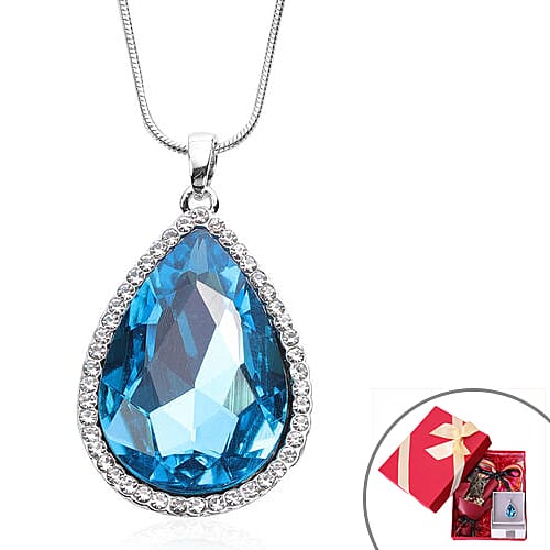 3 Piece Set -Simulated Sky Blue Topaz, Austrian Crystal Pendant with Chain (Size 24 with 3 inch Extender) in Silver Tone &amp; Fuchsia with Multi Colour Scarf (Size 50 Cm) in Gift Box 3710079 0