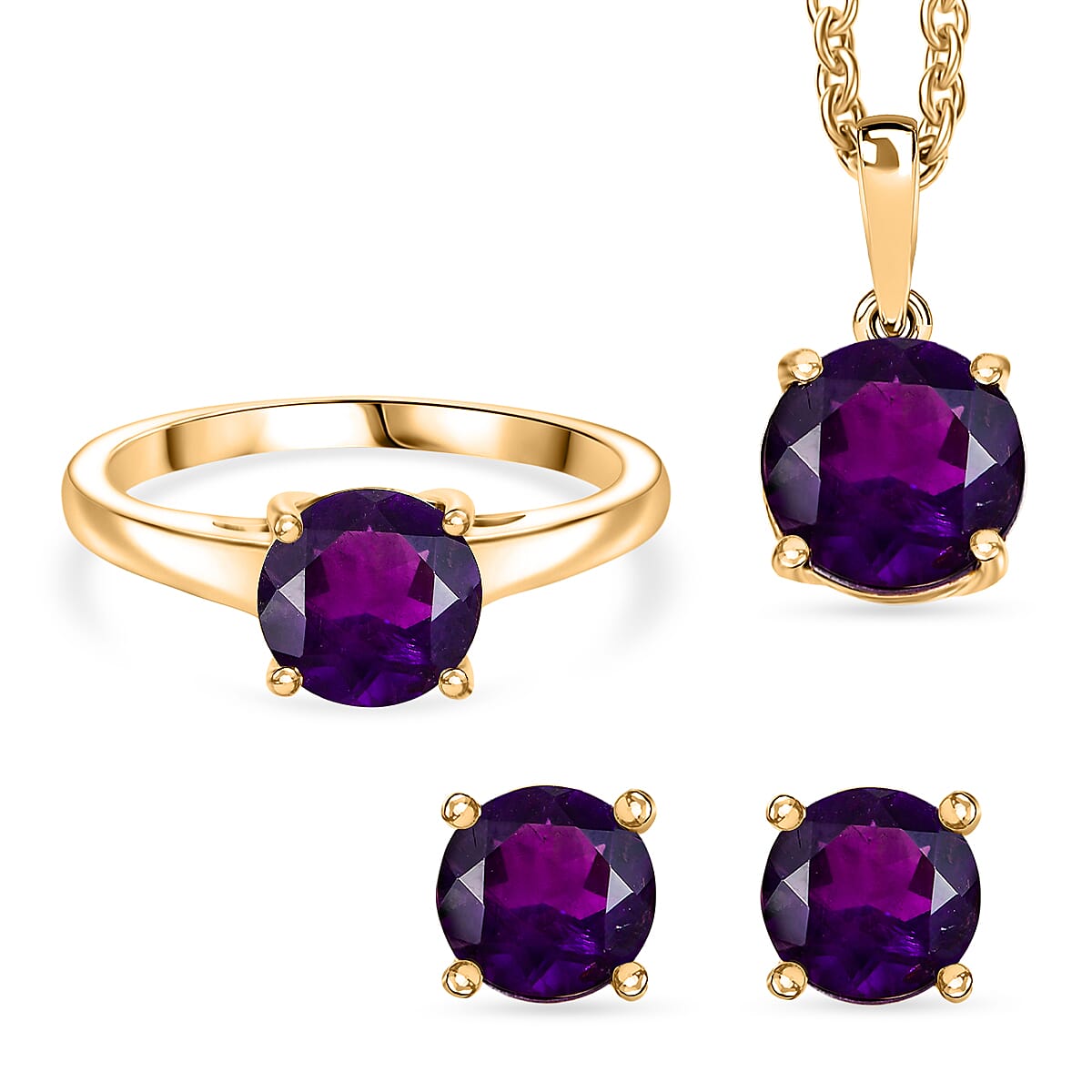 3 Piece Set -  African Amethyst Earring, Ring, Pendant with Chain (Size 20) in 14K Yellow Gold Plated Sterling Silver 3.75 Ct, Silver Wt. 5.34 Gms. 4393499 0