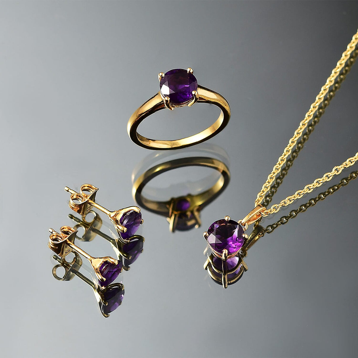 3 Piece Set -  African Amethyst Earring, Ring, Pendant with Chain (Size 20) in 14K Yellow Gold Plated Sterling Silver 3.75 Ct, Silver Wt. 5.34 Gms. 4393499 1
