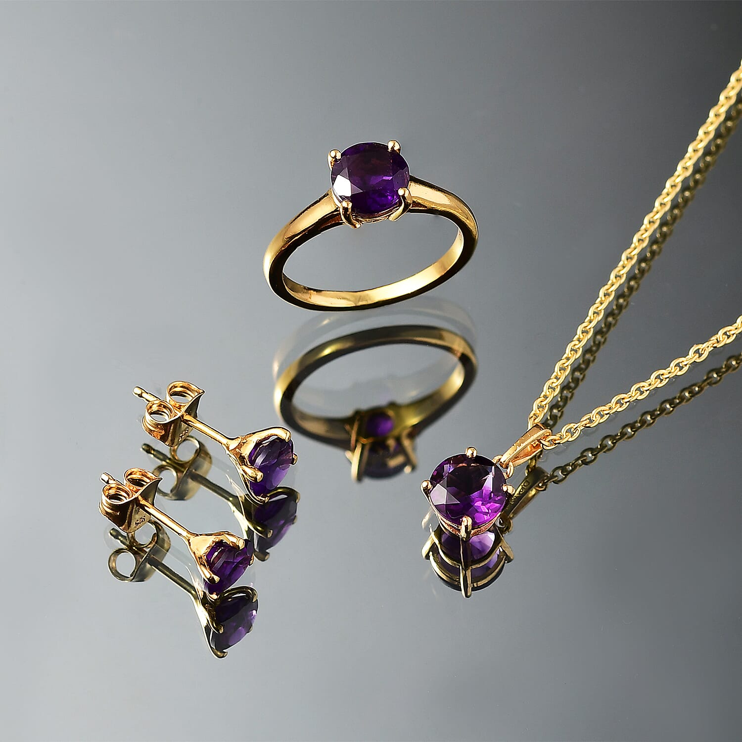 3 Piece Set -  African Amethyst Earring, Ring, Pendant with Chain (Size 20) in 14K Yellow Gold Plated Sterling Silver 3.75 Ct, Silver Wt. 5.34 Gms. 4393499 1
