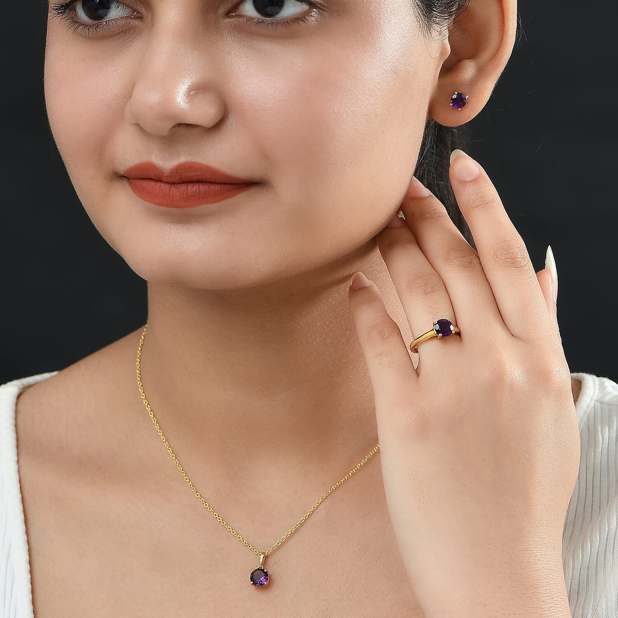 3 Piece Set -  African Amethyst Earring, Ring, Pendant with Chain (Size 20) in 14K Yellow Gold Plated Sterling Silver 3.75 Ct, Silver Wt. 5.34 Gms. 4393499 2