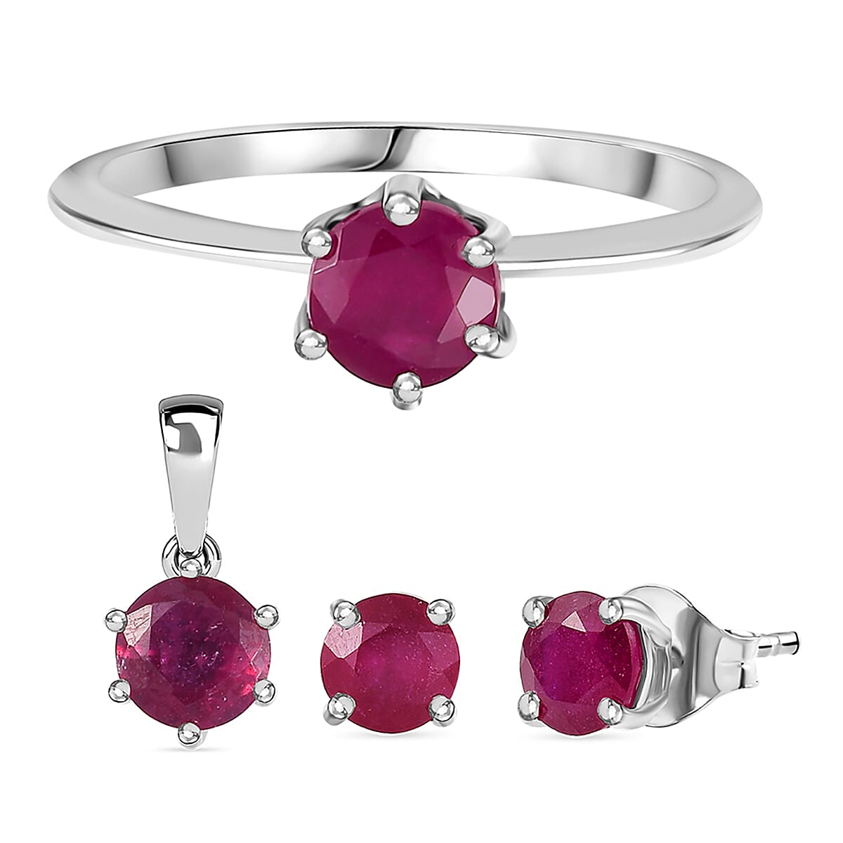 3 Piece Set - African Ruby Solitaire Stud Push Post Earring, Pendant and Solitaire Ring in Rhodium Overlay Sterling Silver 4.37 Ct. 4355688 0