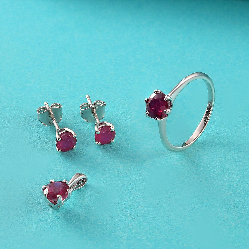 3 Piece Set - African Ruby Solitaire Stud Push Post Earring, Pendant and Solitaire Ring in Rhodium Overlay Sterling Silver 4.37 Ct.