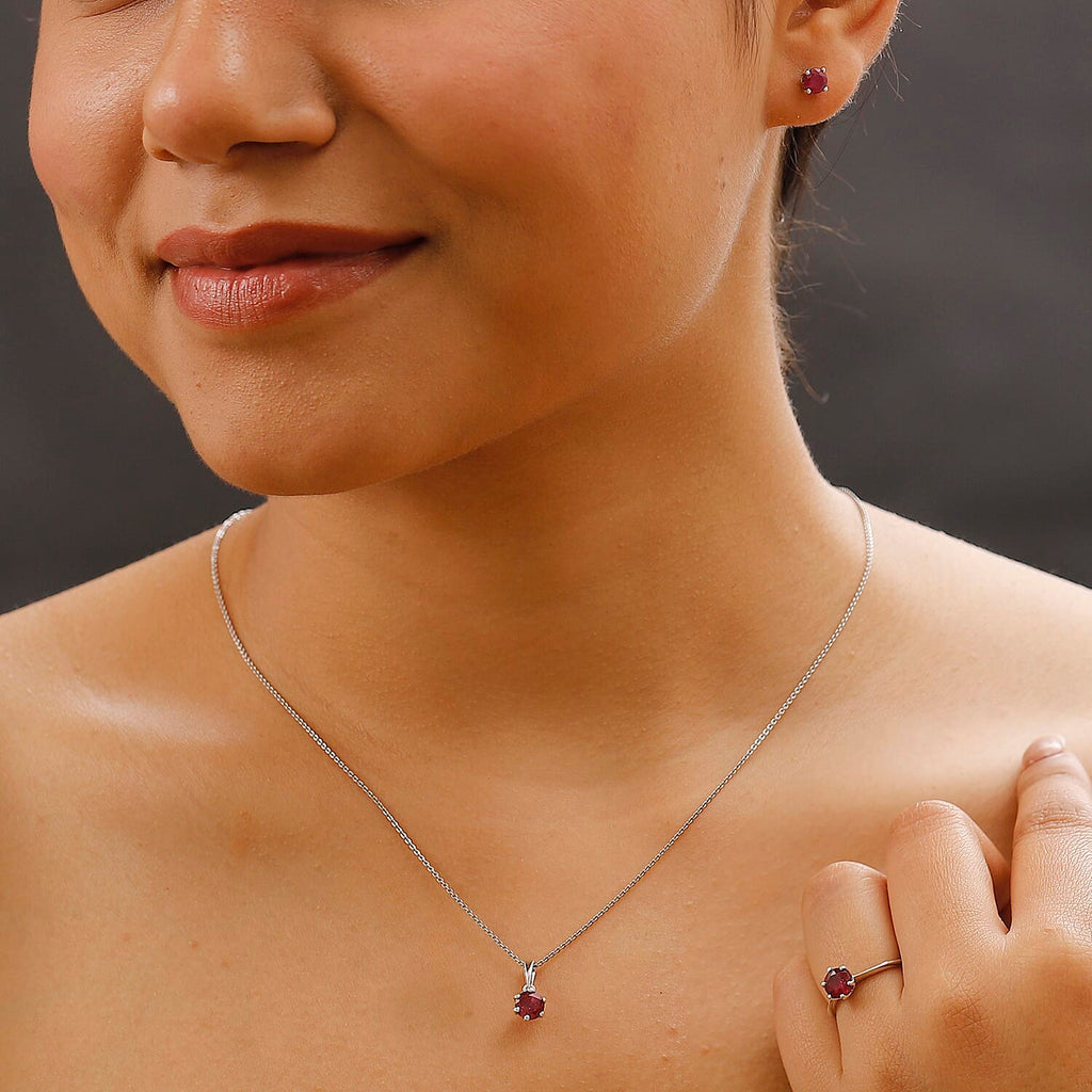 3 Piece Set - African Ruby Solitaire Stud Push Post Earring, Pendant and Solitaire Ring in Rhodium Overlay Sterling Silver 4.37 Ct.