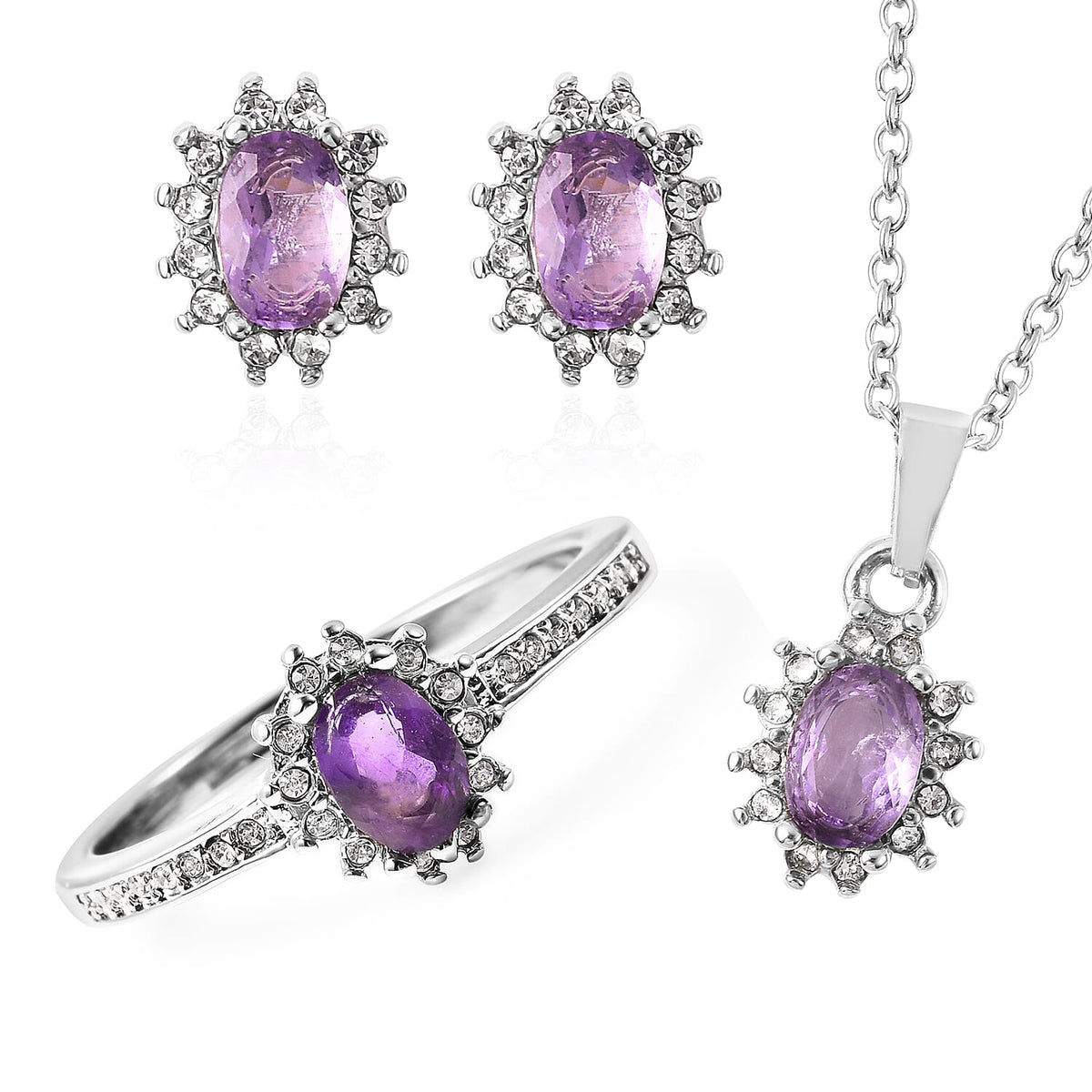 3 Piece Set - Amethyst and White Austrian Crystal Ring, Earrings (with Push Back) &amp; Pendant with Chain (Size 20) in Stainless Steel 4.50 Ct. 4031250 0