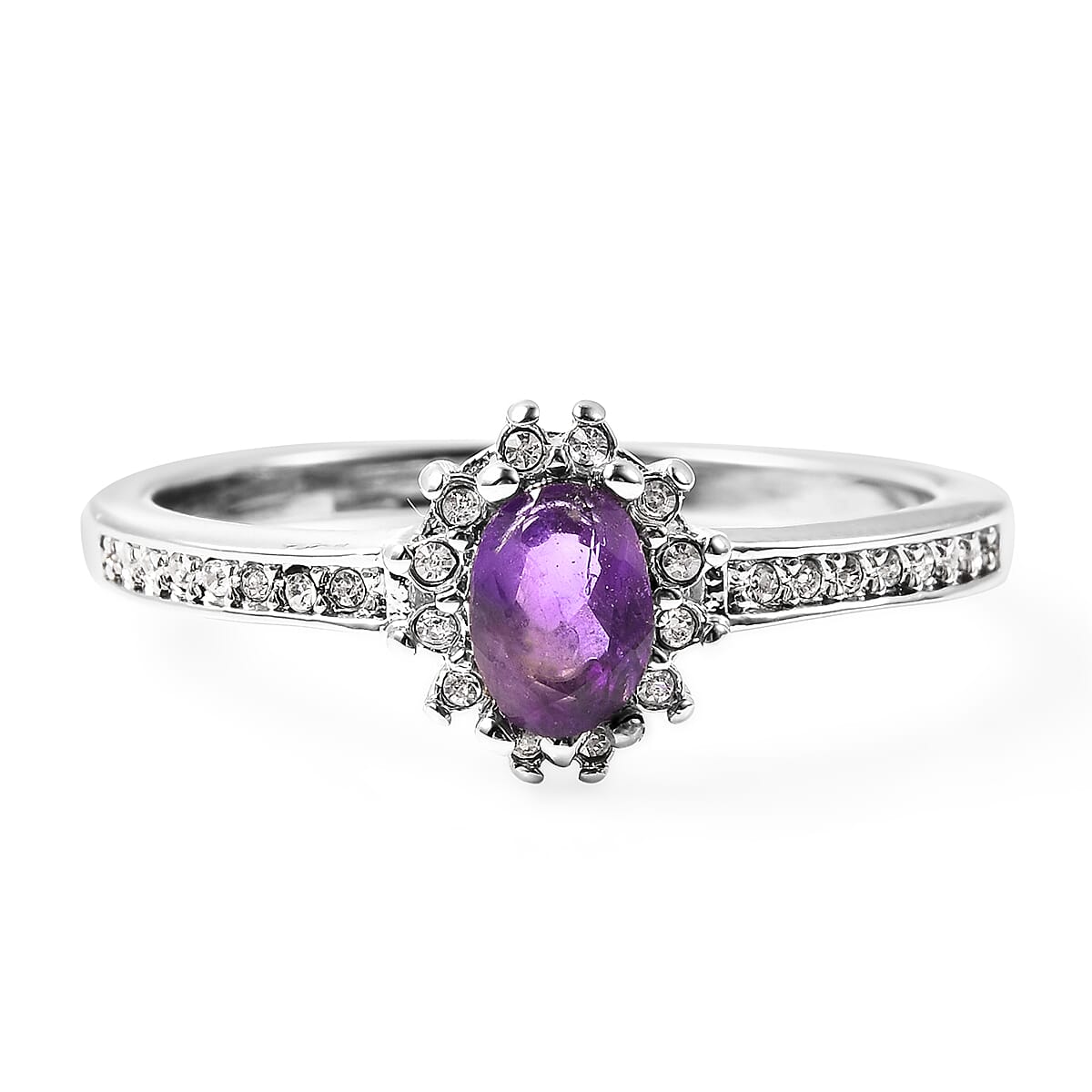 3 Piece Set - Amethyst and White Austrian Crystal Ring, Earrings (with Push Back) &amp; Pendant with Chain (Size 20) in Stainless Steel 4.50 Ct. 4031250 1