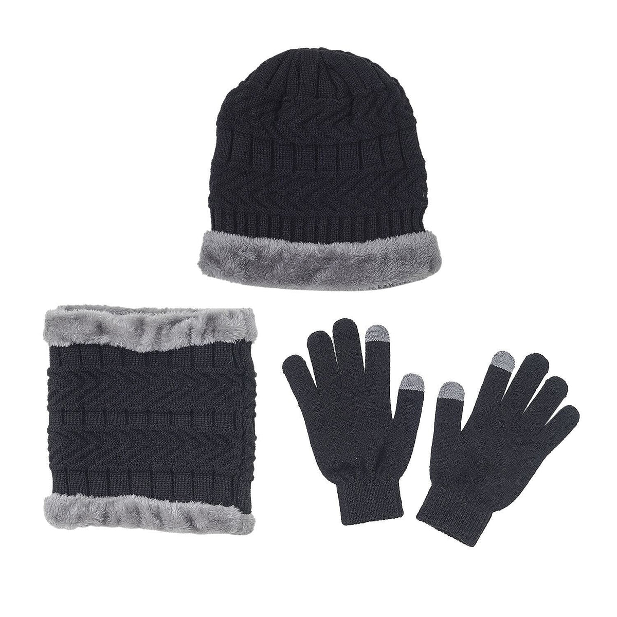3 Piece Set - Winter Knit Slouchy Beanie Cap, Neck Warmer Scarf and Gloves - Black 7258921 0