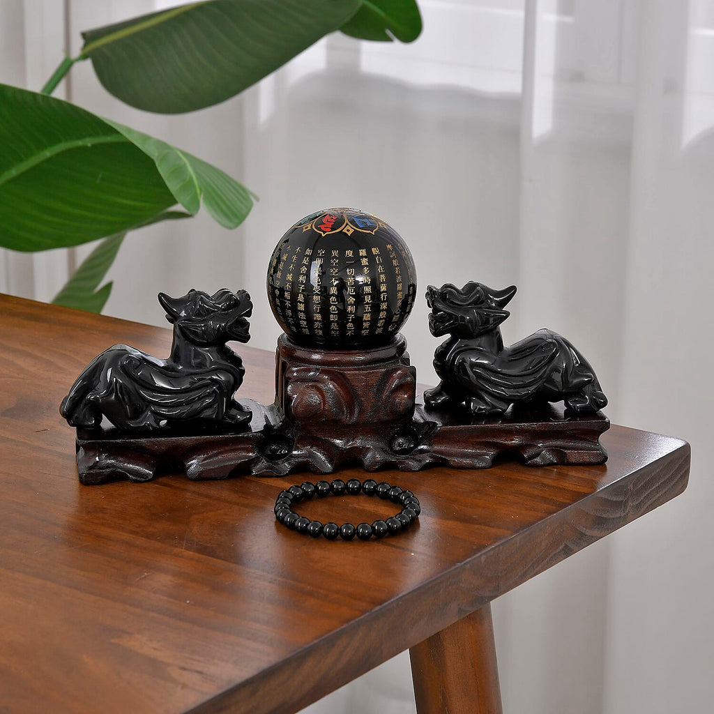 Handcrafted Pi Xiu Feng Shui Obsidian Figurine Sculptures With Stand & Stretchable Bracelet (Size - 7-7.5) - Presented in a Gift Box 11715.00 Ct.