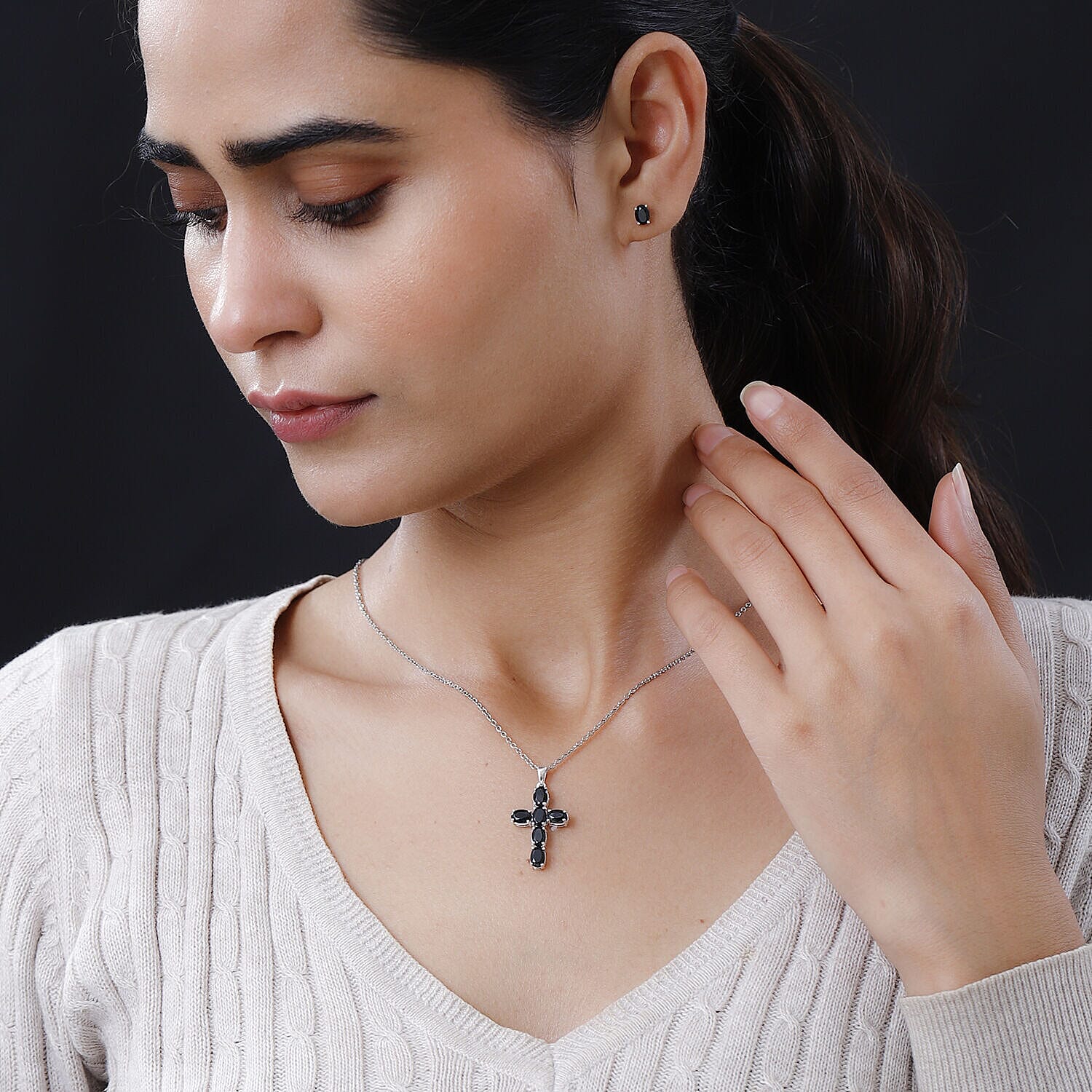 2 Piece Set - Boi Ploi Black Spinel Cross Pendant and Stud Earrings 4400870 2