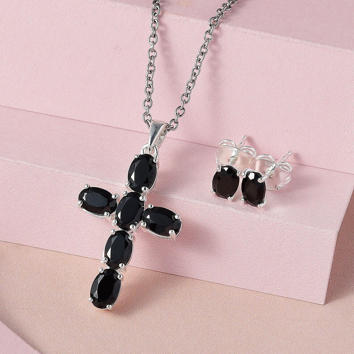 2 Piece Set - Boi Ploi Black Spinel Cross Pendant and Stud Earrings 4400870 3