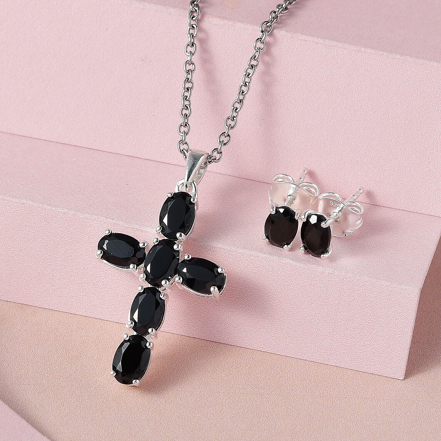 2 Piece Set - Boi Ploi Black Spinel Cross Pendant and Stud Earrings 4400870 3