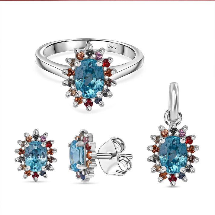 3 Piece Set - Blue Zircon, Multi Sapphire Halo Ring, Pendant and Earring in Rhodium Overlay Sterling Silver 7.74 Ct. 4436464 1