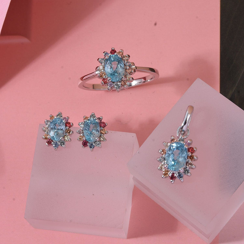 3 Piece Set - D'Joy Blue Zircon & Multi Sapphire Ring (Size - P), Pendant and Earring in Rhodium Overlay Sterling Silver 7.74 Ct.