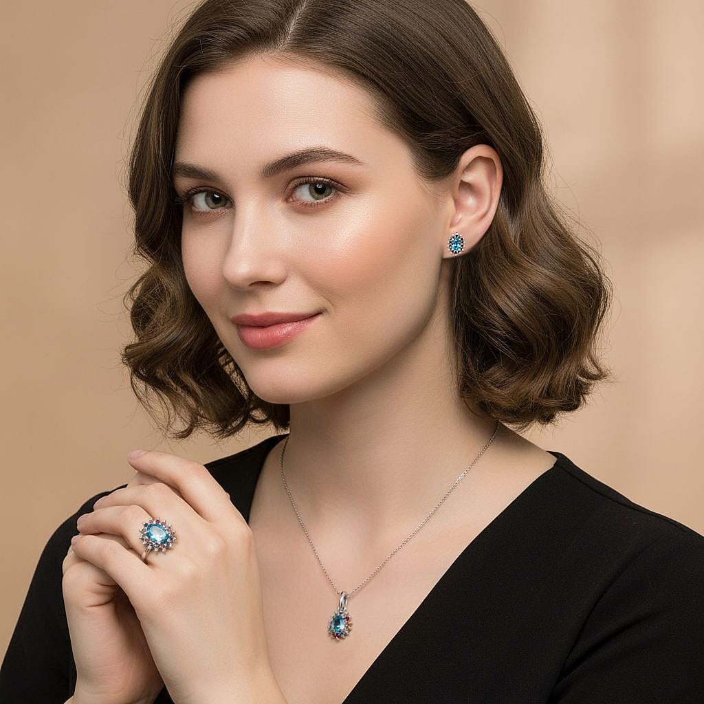 3 Piece Set - Blue Zircon, Multi Sapphire Halo Ring, Pendant and Earring in Rhodium Overlay Sterling Silver 7.74 Ct. 4436464 3