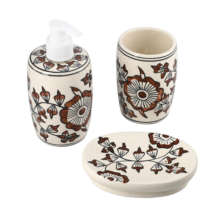 3 Piece Set - Ceramic Bathroom Accessories (Included Liquid Soap Dispenser, Soap Tray &amp; Tumbler) - Brown and White V32367943 1