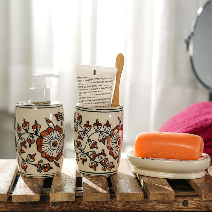 3 Piece Set - Ceramic Bathroom Accessories (Included Liquid Soap Dispenser, Soap Tray &amp; Tumbler) - Brown and White V32367943 2