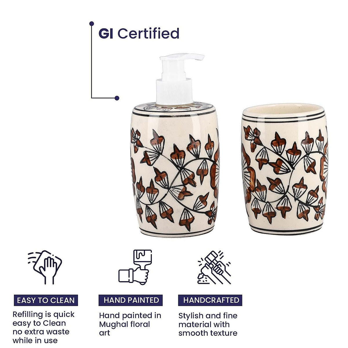 3 Piece Set - Ceramic Bathroom Accessories (Included Liquid Soap Dispenser, Soap Tray &amp; Tumbler) - Brown and White V32526816 3