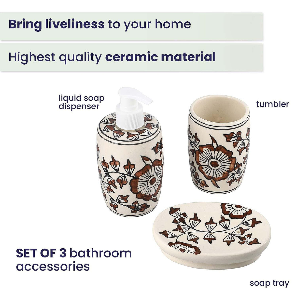 3 Piece Set - Ceramic Bathroom Accessories (Included Liquid Soap Dispenser, Soap Tray &amp; Tumbler) - Brown and White V32526816 4