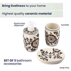 3 Piece Set - Ceramic Bathroom Accessories (Included Liquid Soap Dispenser, Soap Tray & Tumbler) - Brown and White