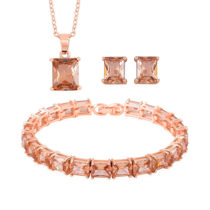 Set of 3 - Champagne Cubic Zirconia Bracelet (Size - 7), Push Back Earring &amp; Pendant with Chain (Size 20-2 Ext) in Rose Gold Tone 8.20 Ct. 4470361 1