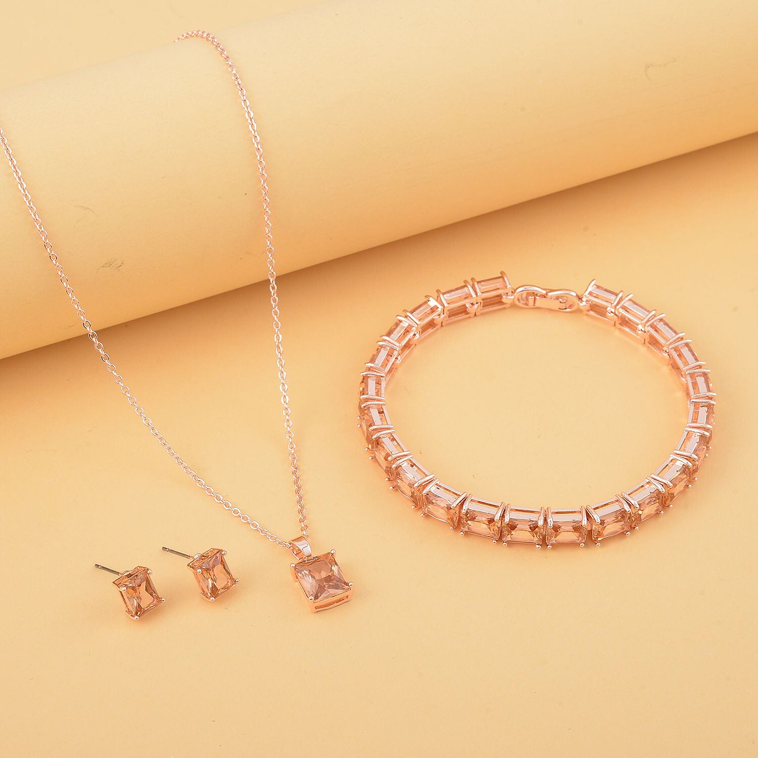 Set of 3 - Champagne Cubic Zirconia Bracelet (Size - 7), Push Back Earring &amp; Pendant with Chain (Size 20-2 Ext) in Rose Gold Tone 8.20 Ct. 4470361 2