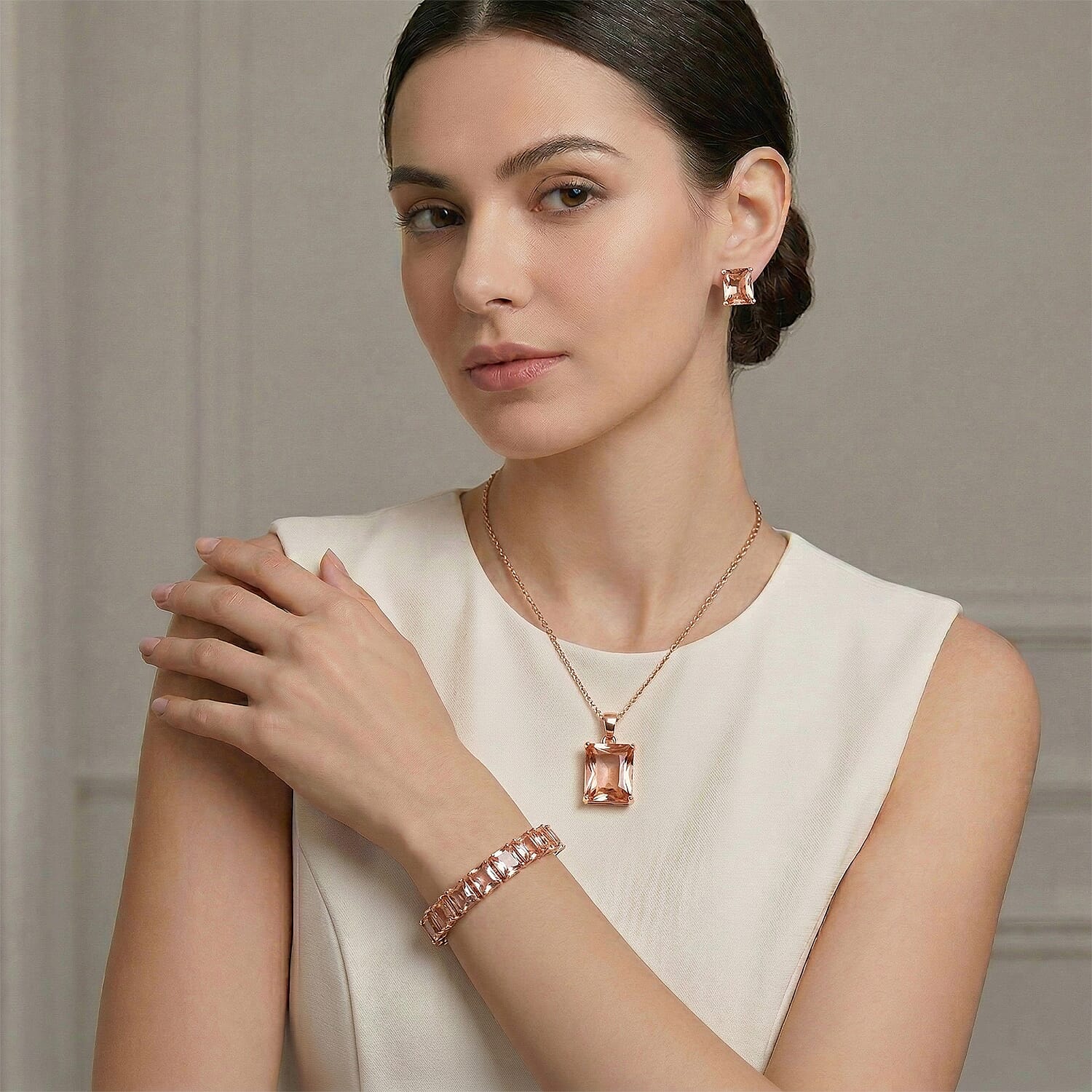 Set of 3 - Champagne Cubic Zirconia Bracelet (Size - 7), Push Back Earring &amp; Pendant with Chain (Size 20-2 Ext) in Rose Gold Tone 8.20 Ct. 4470361 3