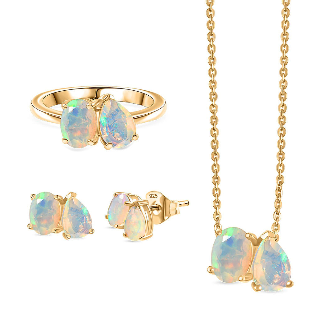 3 Piece Set - D'Joy Ethiopian Opal Earring, Ring & Pendant with Chain (Size 20) in 18K Vermeil Yellow Gold Plated Sterling Silver 2.93 Ct.
