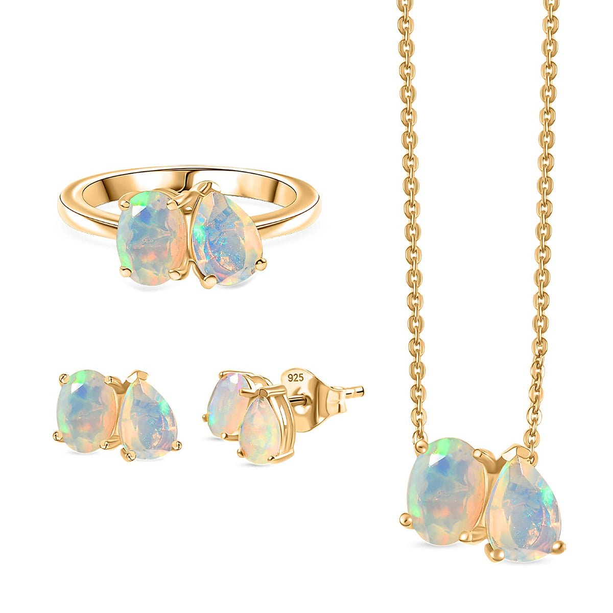 3 Piece Set - D'Joy TOI ET MOI Ethiopian Opal Earring, Ring and Pendant with Chain in 18K Vermeil Yellow Gold Plated Sterling Silver 4429689 0