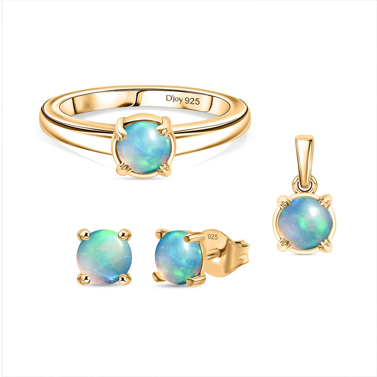 D'joy 3 Piece Set - Ethiopian Opal Earring, Ring &amp; Pendant with Torn Chain 19DC (Size 20) in 18K Yellow Gold Plating Sterling Silver 1.28 Ct, Silver Wt. 5.74 Gms. V32645617 0