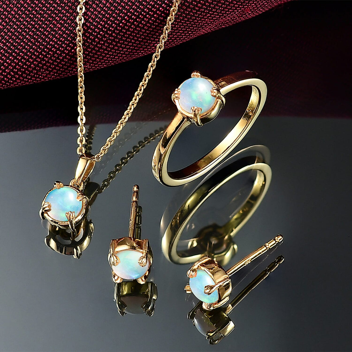 D'joy 3 Piece Set - Ethiopian Opal Earring, Ring &amp; Pendant with Torn Chain 19DC (Size 20) in 18K Yellow Gold Plating Sterling Silver 1.28 Ct, Silver Wt. 5.74 Gms. V32645617 1