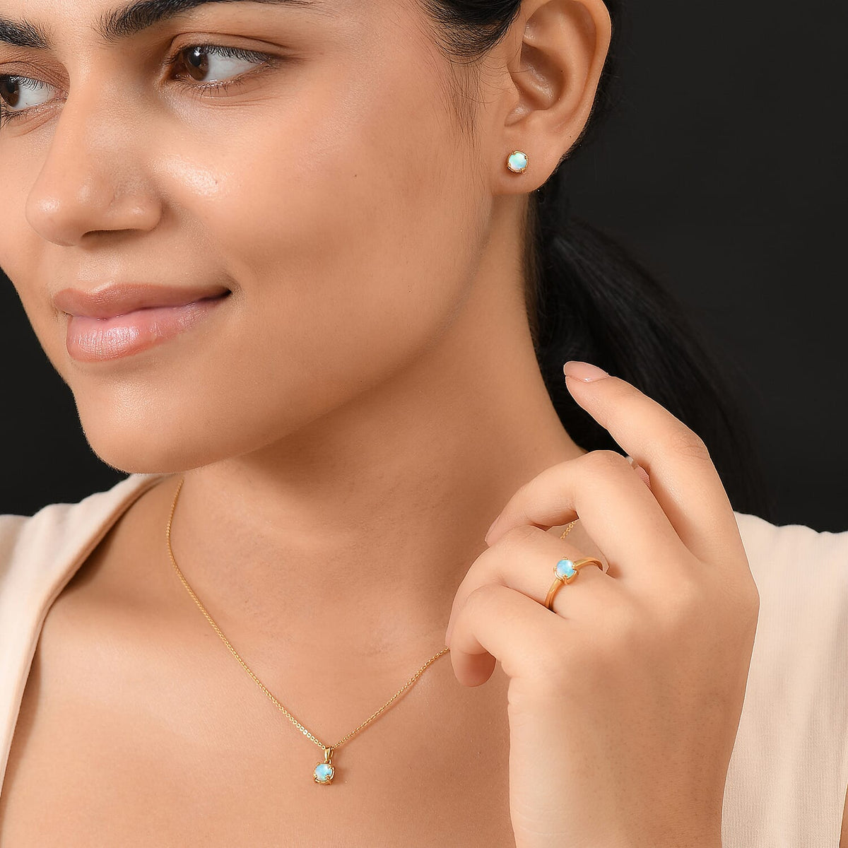 D'joy 3 Piece Set - Ethiopian Opal Earring, Ring &amp; Pendant with Torn Chain 19DC (Size 20) in 18K Yellow Gold Plating Sterling Silver 1.28 Ct, Silver Wt. 5.74 Gms. V32645617 2