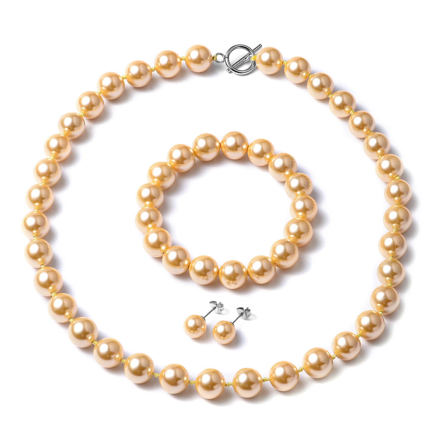 3 Piece Set - Golden Shell Pearl Necklace Size 20 with Bracelet and Stud Earrings in Silver Tone 4010473 0