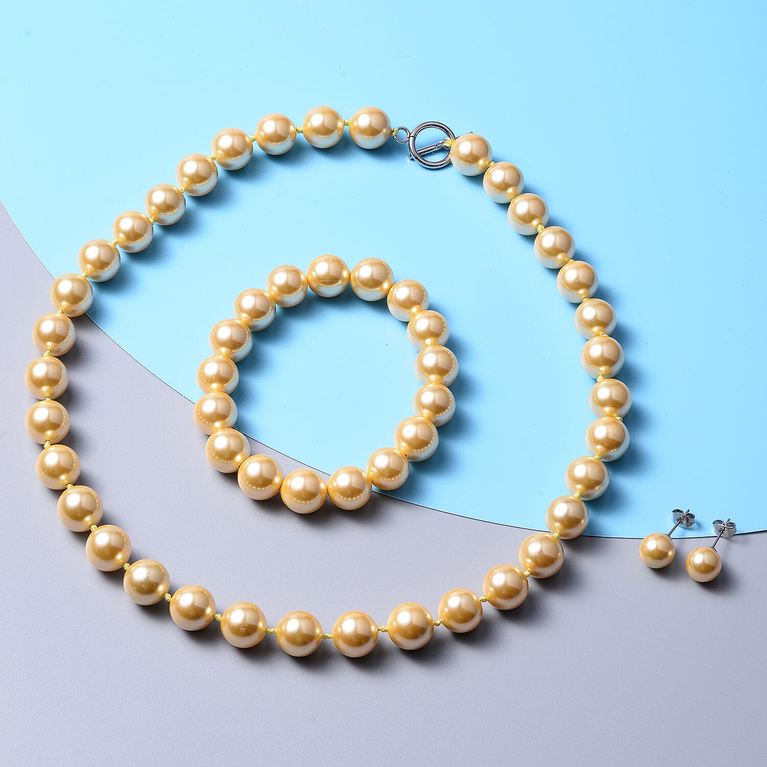 3 Piece Set - Golden Shell Pearl Necklace Size 20 with Bracelet and Stud Earrings in Silver Tone 4010473 2