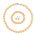 Set of 3 - Golden Shell Pearl Beads Stretchable Bracelet (Size - 7), Push Back Earring & T-Bar Clasp Necklace (Size - 20)
