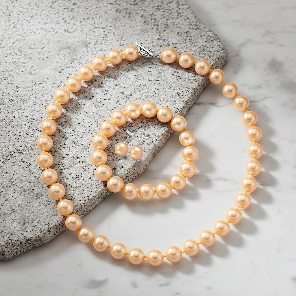Set of 3 - Golden Shell Pearl Beads Stretchable Bracelet (Size - 7), Push Back Earring &amp; T-Bar Clasp Necklace (Size - 20) V32514783 2