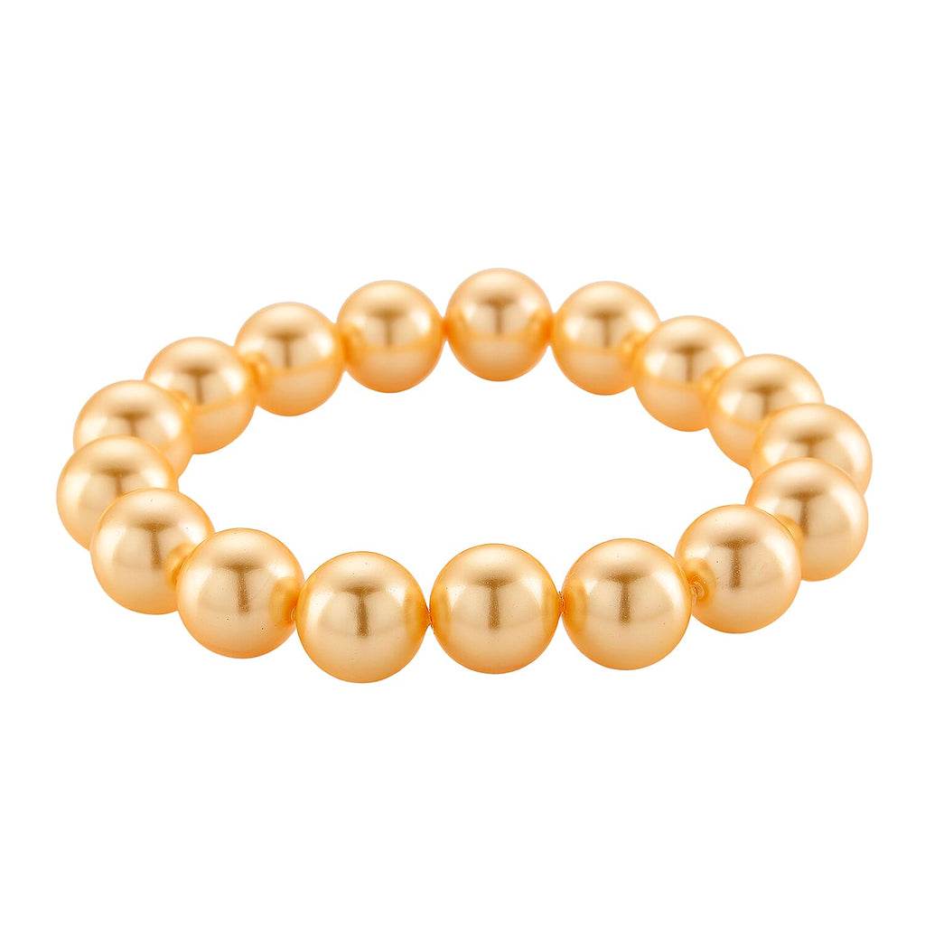 Set of 3 - Golden Shell Pearl Beads Stretchable Bracelet (Size - 7), Push Back Earring & T-Bar Clasp Necklace (Size - 20)