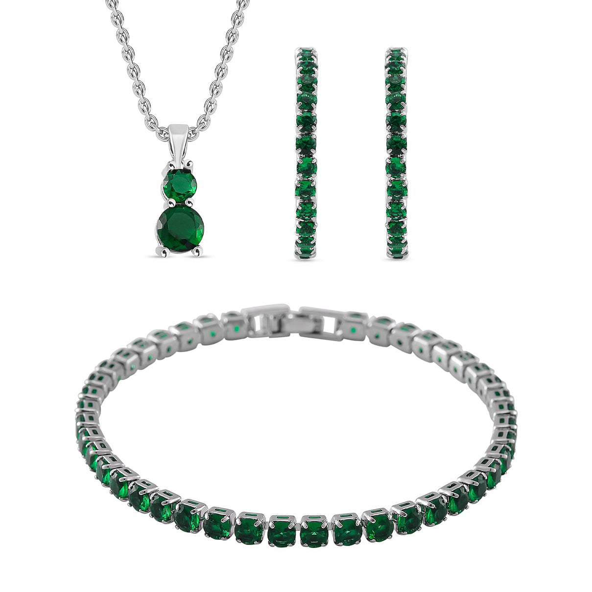 3 Piece Set - Green Cubic Zirconia Bracelet, Half-Hoop Earrings and Pendant with Chain (Size 20) 4288360 0