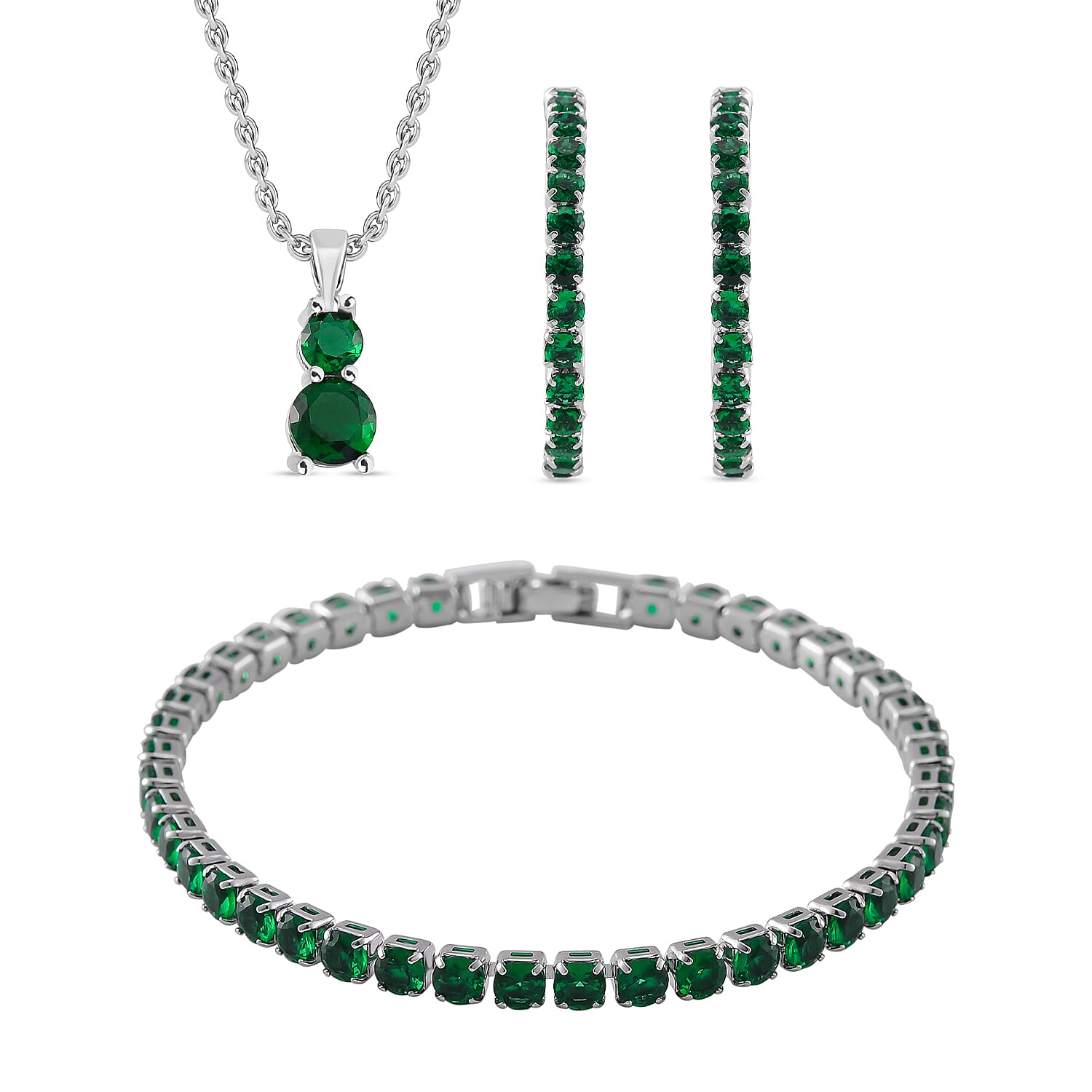 3 Piece Set - Green Cubic Zirconia Bracelet, Half-Hoop Earrings and Pendant with Chain (Size 20) 4288360 0