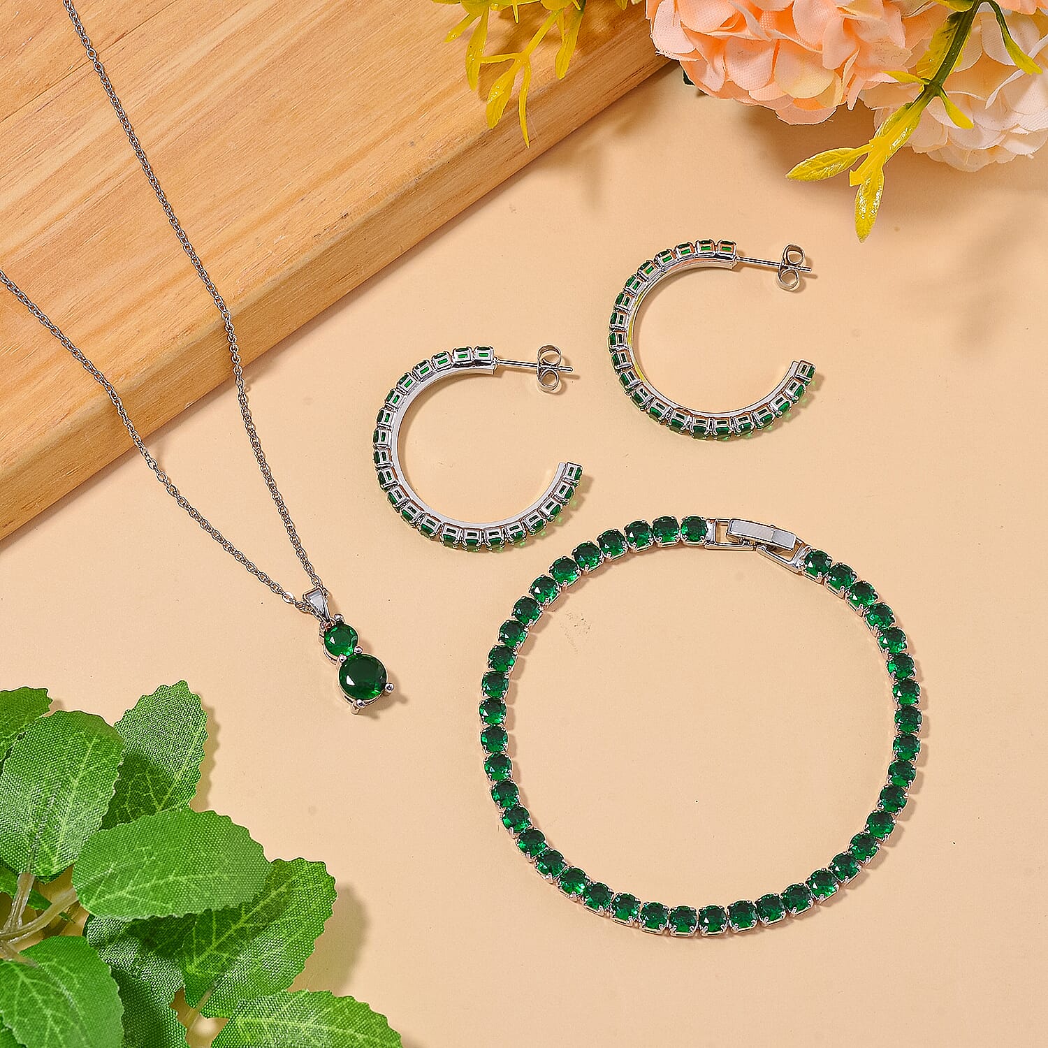 3 Piece Set - Green Cubic Zirconia Bracelet, Half-Hoop Earrings and Pendant with Chain (Size 20) 4288360 1