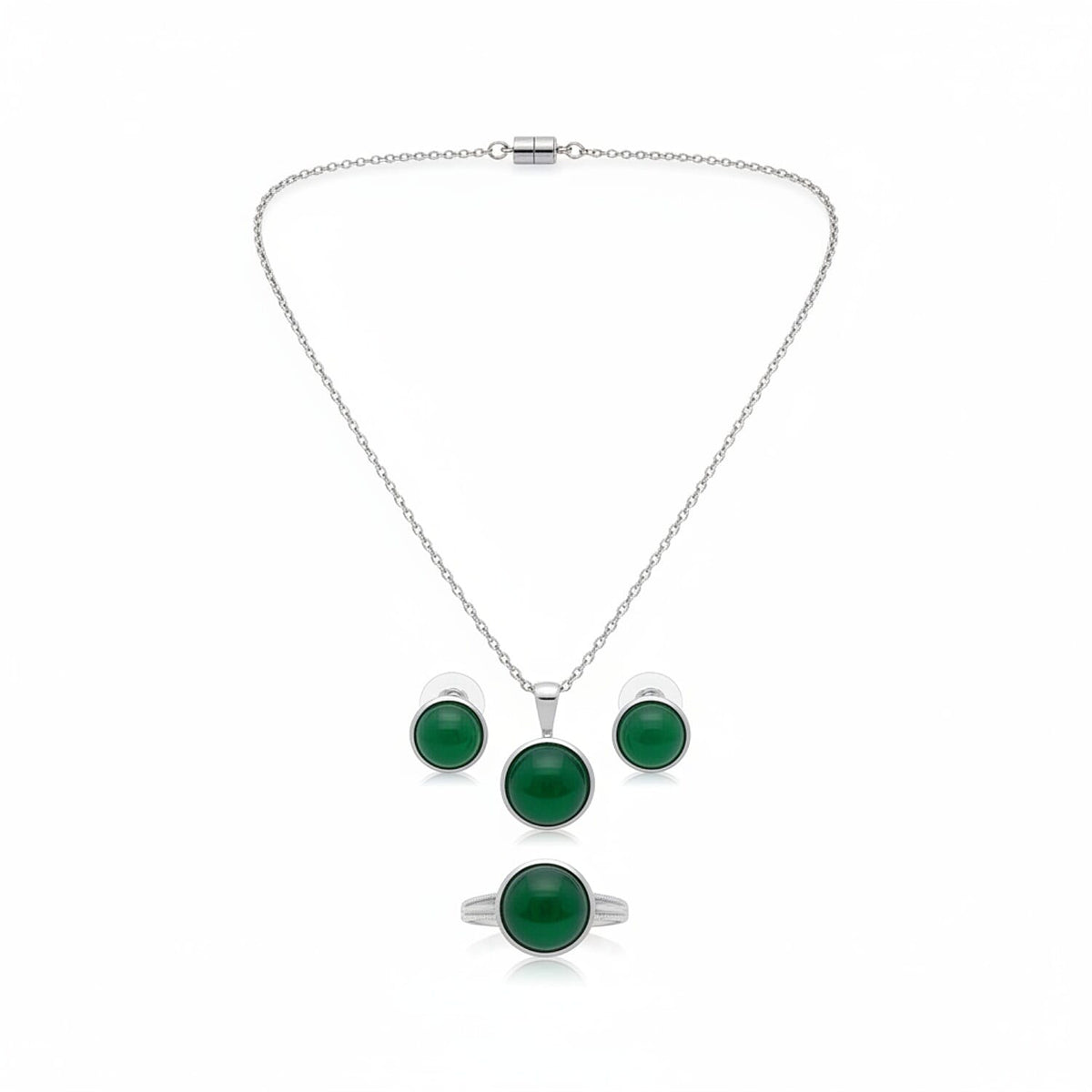 3 Piece Set - Green Onyx Stud Push Back Earring, Solitaire Ring &amp; Pendant with Chain (Size 20) 23.42 Ct. 4372438 0