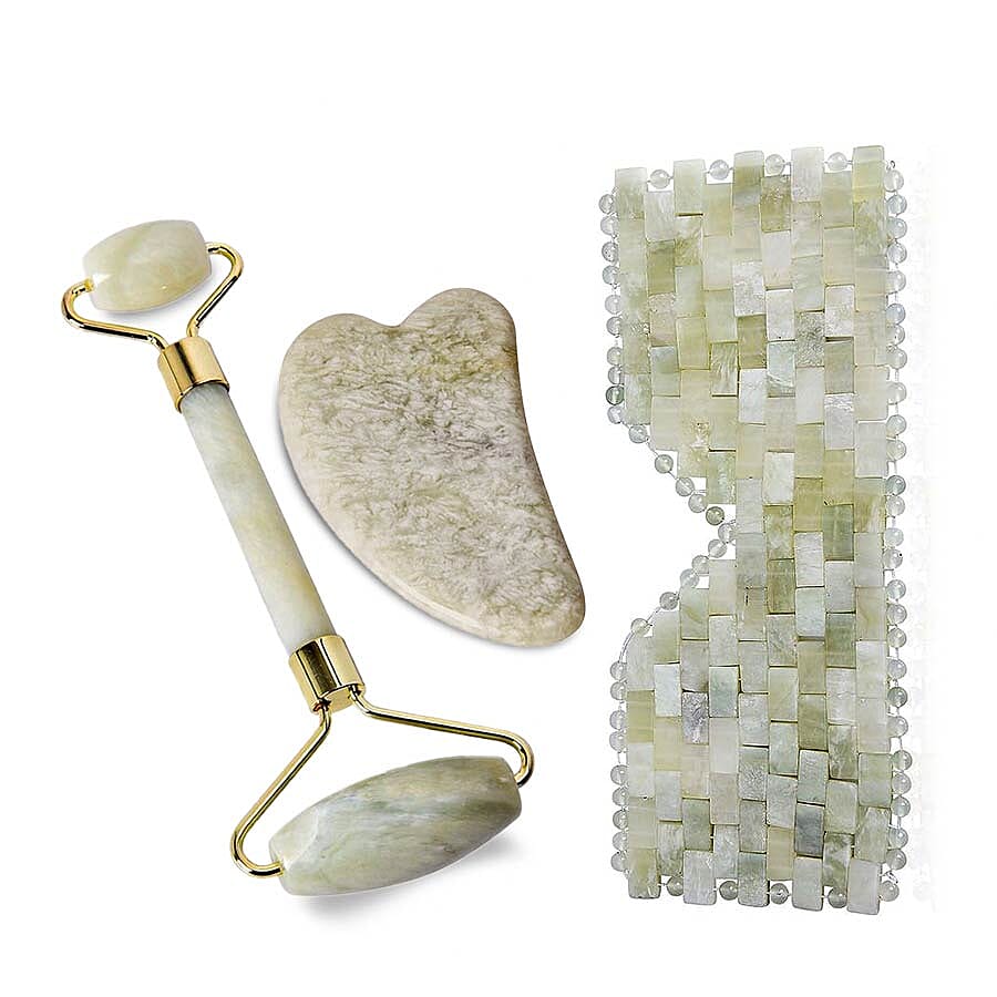 3 Piece Set Jade Skin Care Tools Include Facial Roller,Scraping Massager Plate and Eye Mask 3463123 0