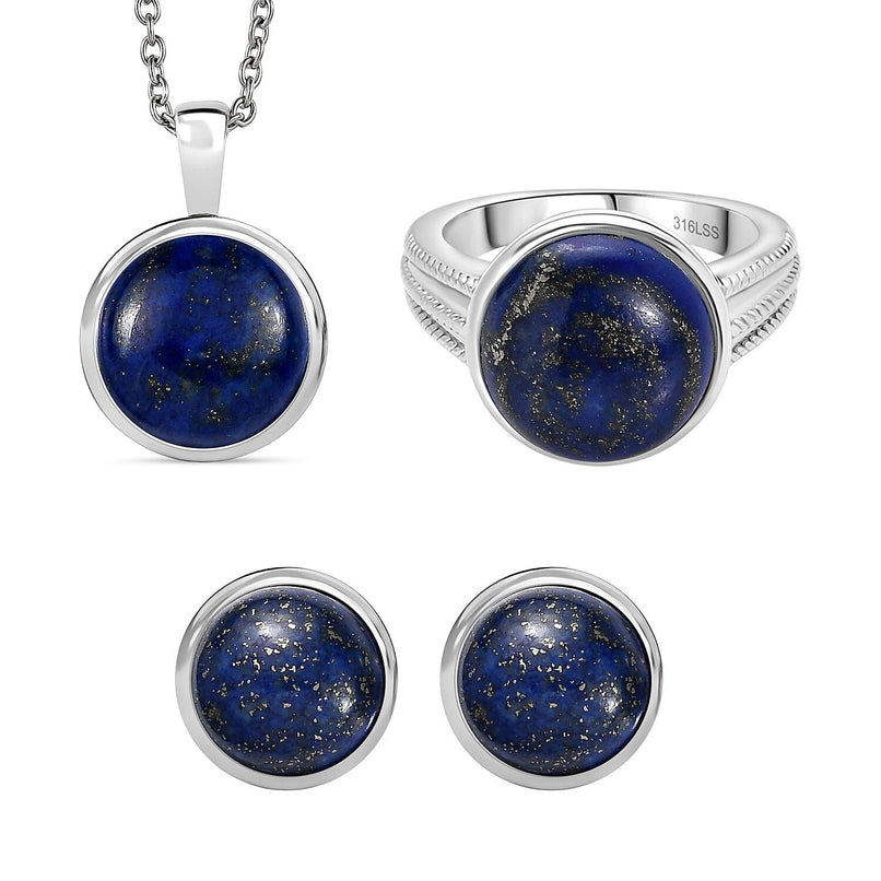 3 Piece Set - Lapis Lazuli Earring with Push Back, Ring & Pendant with Chain (Size 20) 23.42 Ct.
