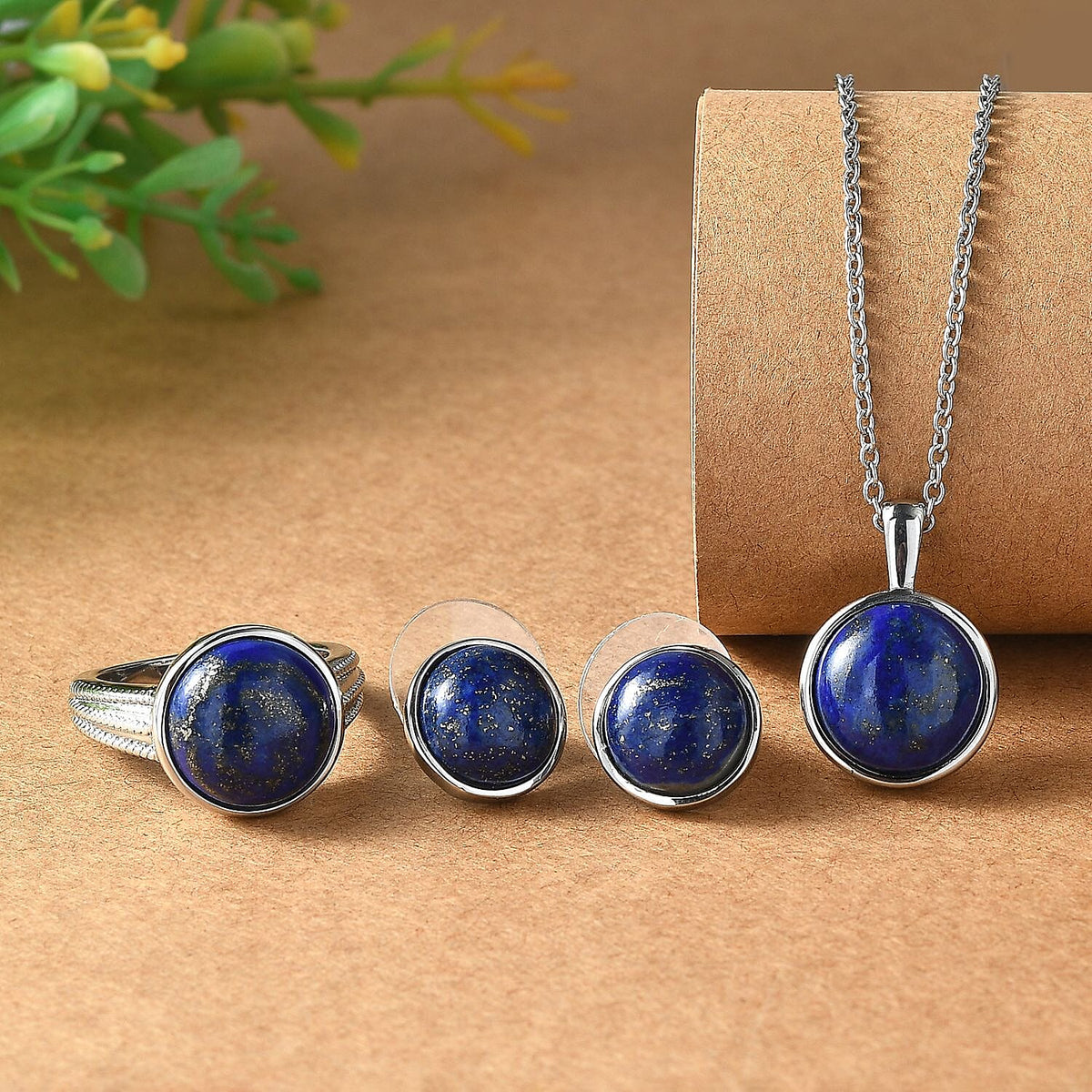 3 Piece Set - Lapis Lazuli Earring with Push Back, Ring &amp; Pendant with Chain (Size 20) 23.42 Ct. V32716630 2